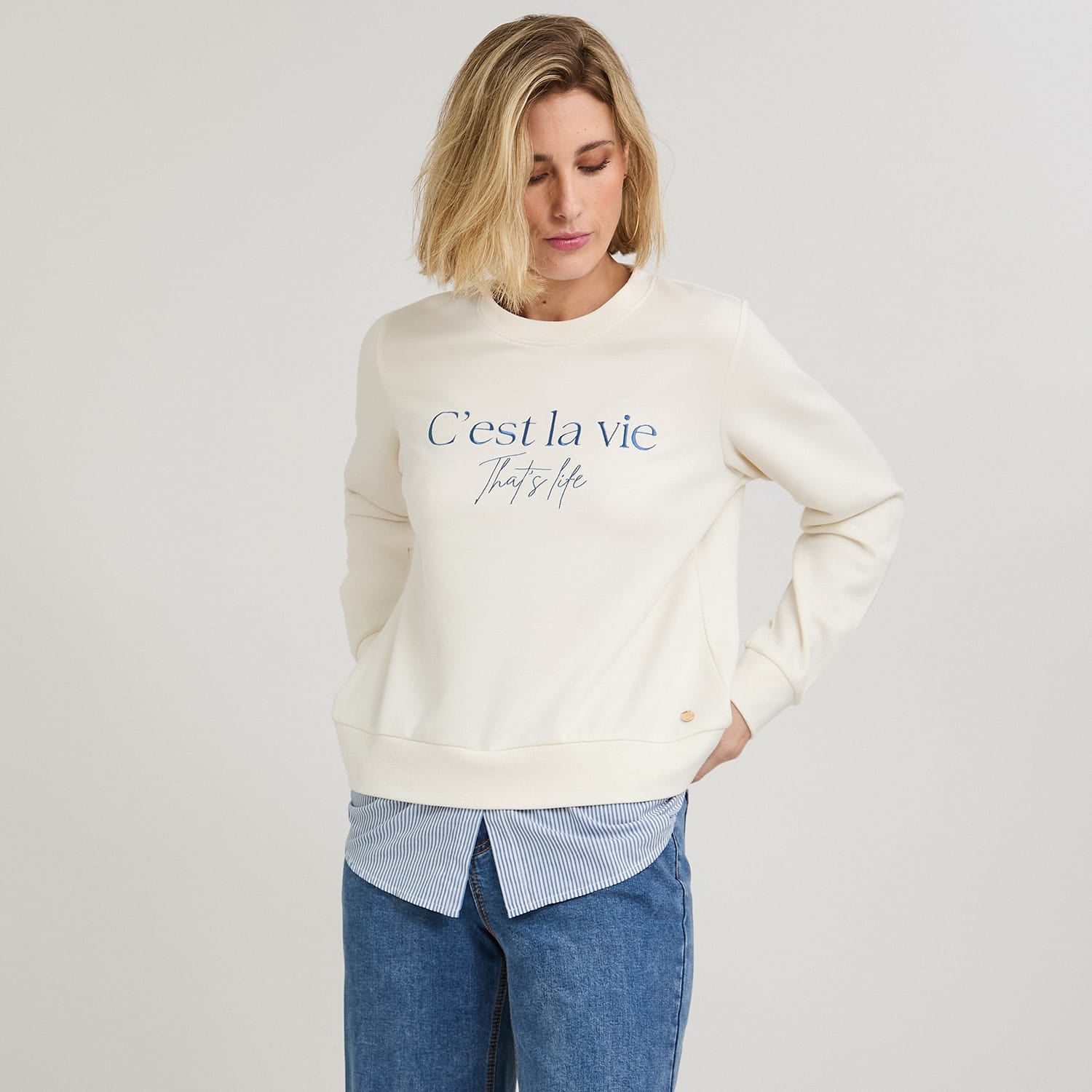 Polerón Algodón con Blusa Listada Crudo